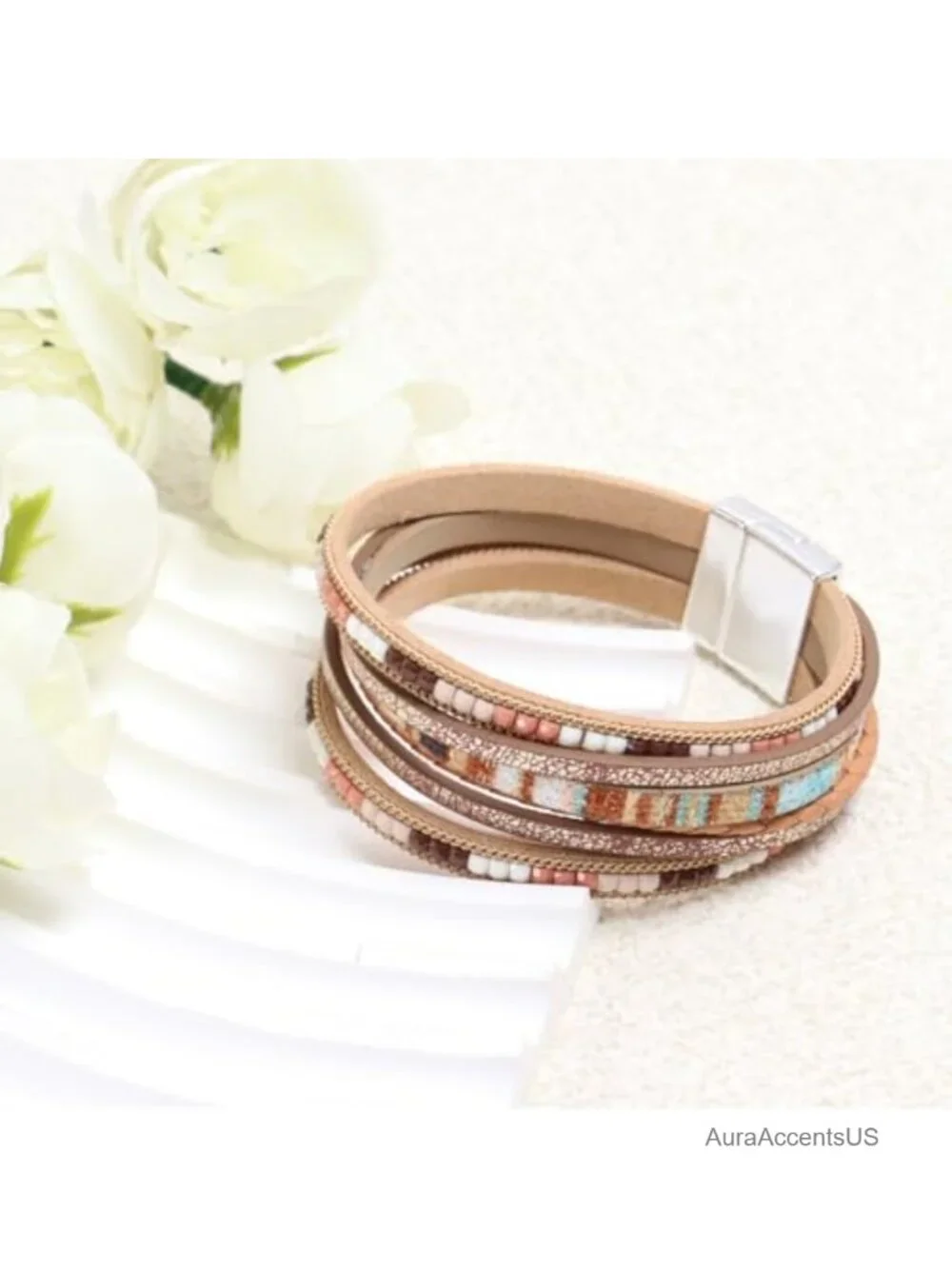 2Pcs Leather Wrap Bracelets Boho Multi-Layer Braided Stack Bracelets for Women